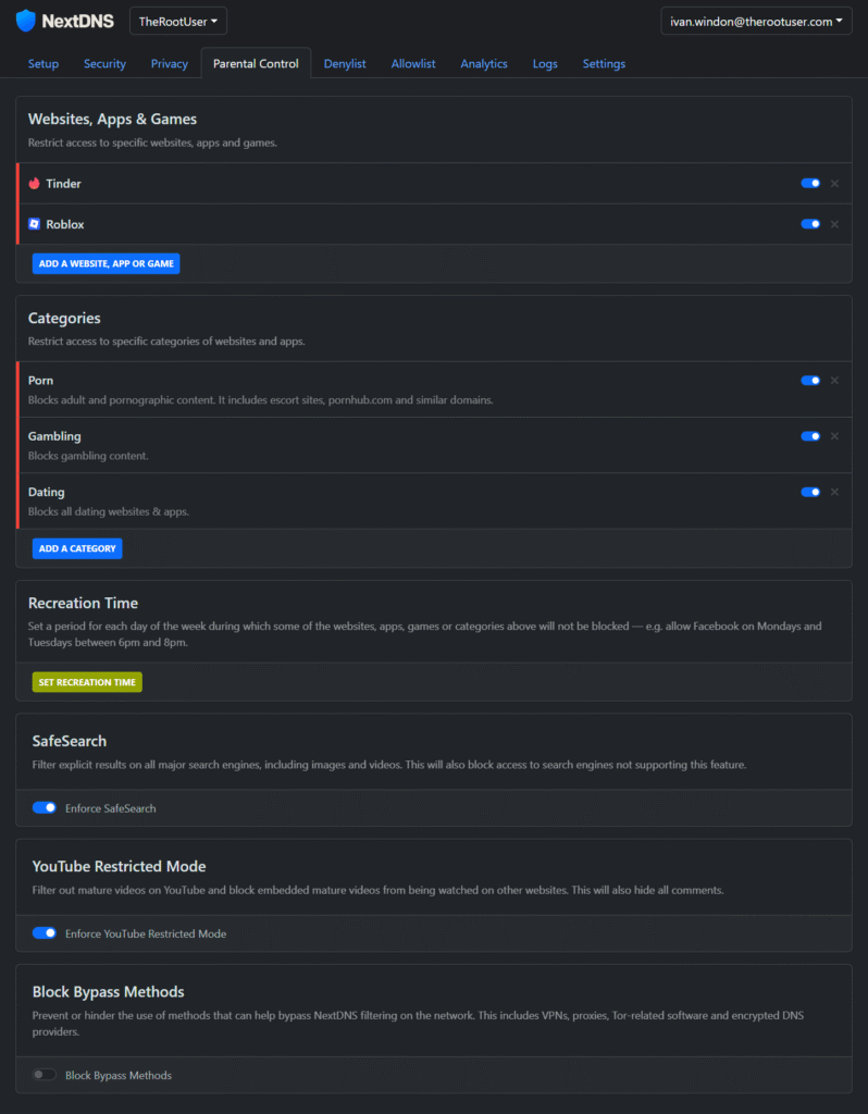 NextDNS parental control dashboard with category filters enabled