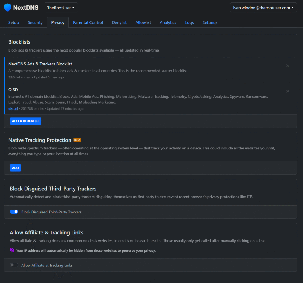 NextDNS privacy dashboard screenshot showing tracker blocking settings