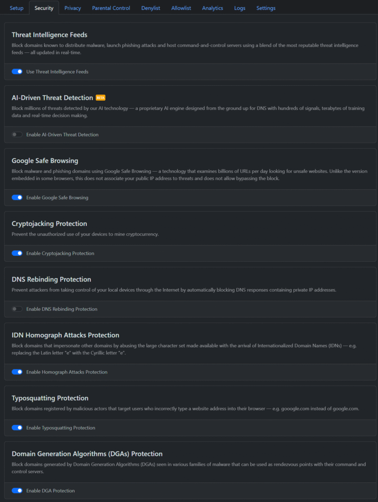 NextDNS security tab showing various protections against attacks